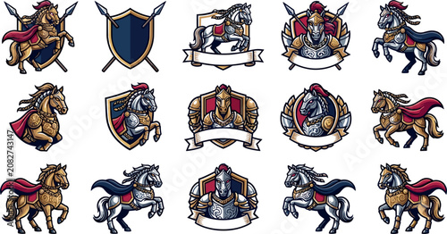 Cuadro en lienzo Medieval Knight Armor Horse Mascot Badge Set Featuring Armored Steeds, Shields,