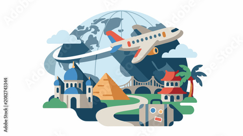 Colorful illustration of a plane flying over landmarks