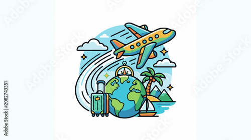 Colorful illustration of a plane flying over the globe with luggage and tropical scenery
