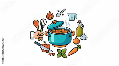 Colorful illustration of a pot of stew with ingredients and utensils