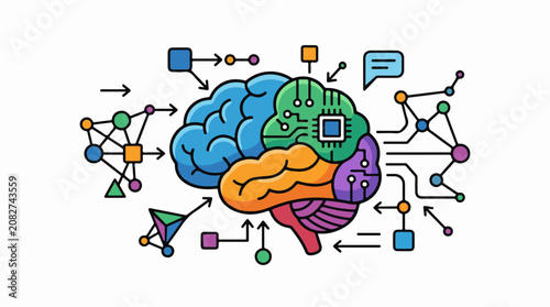 Colorful illustration of a stylized brain with integrated circuitry and network nodes