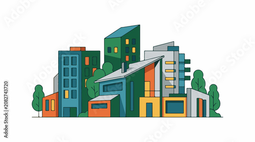 Colorful illustration of a vibrant cityscape with modern buildings and green trees