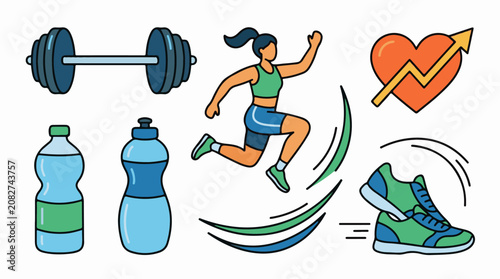 Colorful illustration of a woman exercising with fitness equipment and accessories