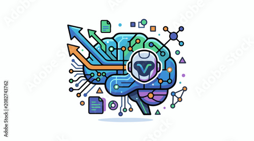 Colorful illustration of AI brain with circuits arrows and robot head