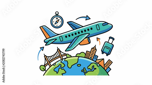 Colorful illustration of airplane flying over globe with city landmarks and luggage
