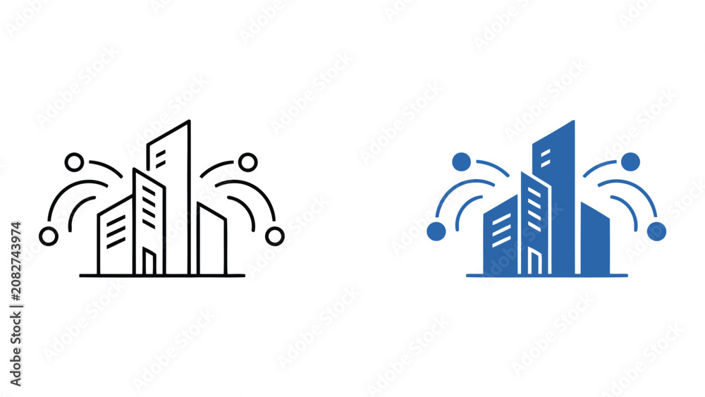 Obraz premium Smart building and city infrastructure connectivity icon set in line and solid blue style isolated on white for urban technology and IoT network architecture software design system graphics