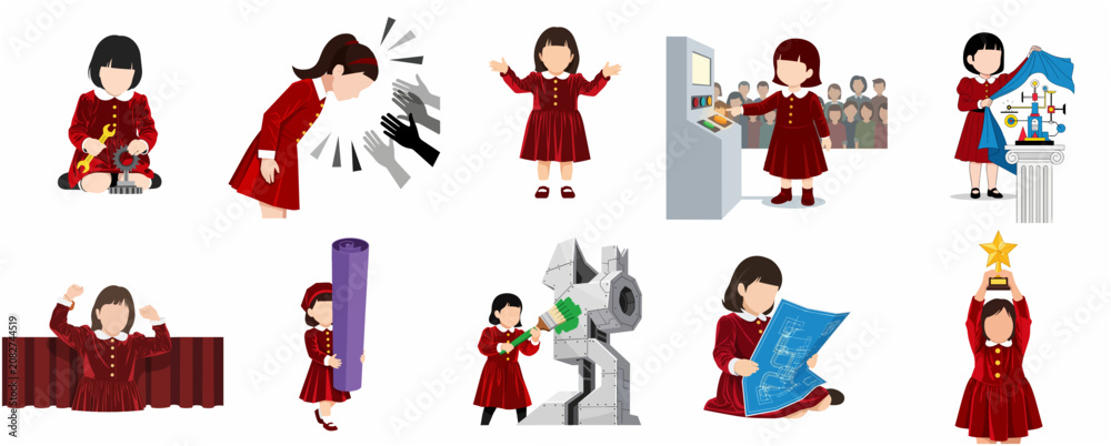 Fototapeta premium Little girl in red dress illustration set, female empowerment concept for children, STEM education, creative arts, engineering, invention, public speaking, and success icons.