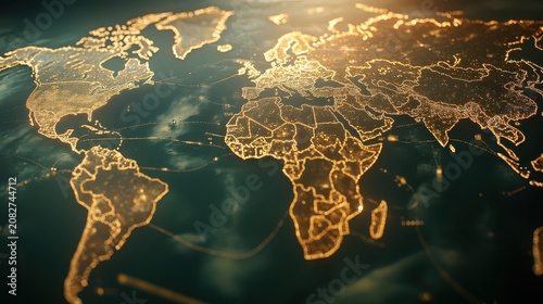 Detailed digital map of the world highlighting continents and global connections with glowing light, representing interconnected economies and data networks.