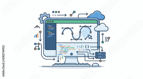 Colorful illustration of computer screen with coding symbols and cloud storage