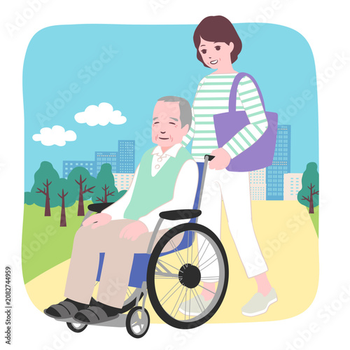 【ライフステージ】年老いた男性の車椅子を押しながら公園を散歩する女性のイラスト素材