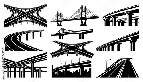 Bild auf Leinwand Bridges and Columns Transportation Icon Set in Black Line Art Style for Architec