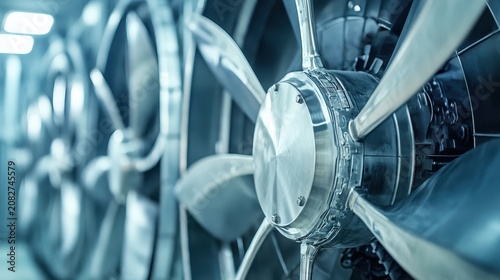 Close-up detailed view of a gleaming polished industrial fan engine with reflective metal blades and central hub