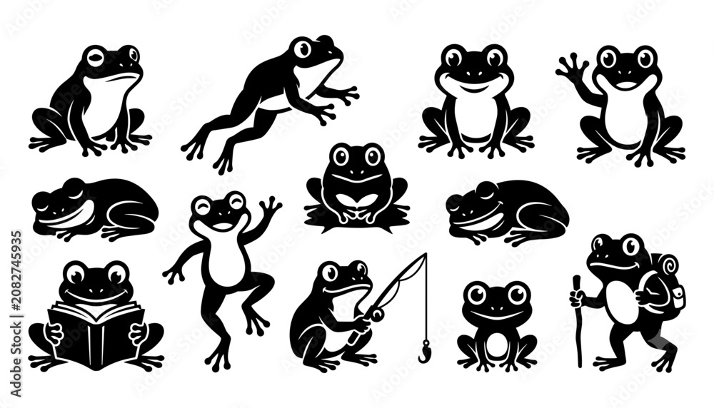 Fototapeta premium Frog Character Icon Set with Cute Cartoon Silhouettes and Water Lily, Book, Sword, and Hand-Drawn Poses