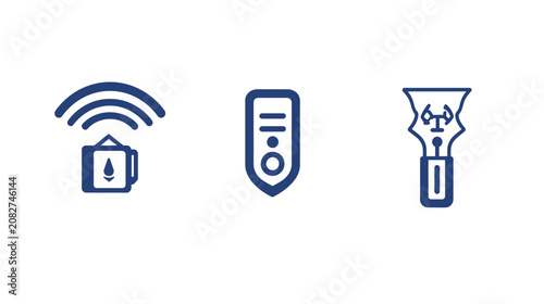 Three simple, blue icons on white background. Displaying different styles connection, certificate, and tool