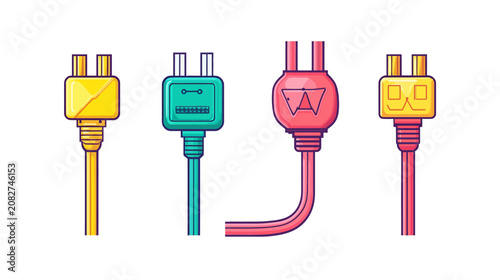 Four stylized, colorful electrical plugs in a row, each with a unique shape and design