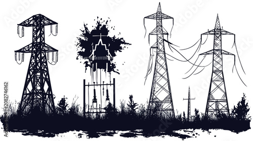 Black and white illustration of power lines, a substation, and vegetation on a white background