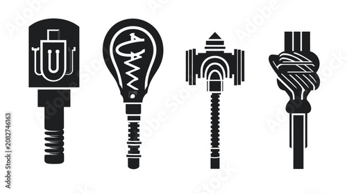 Four black and white illustrations of various objects. Each is a unique representation