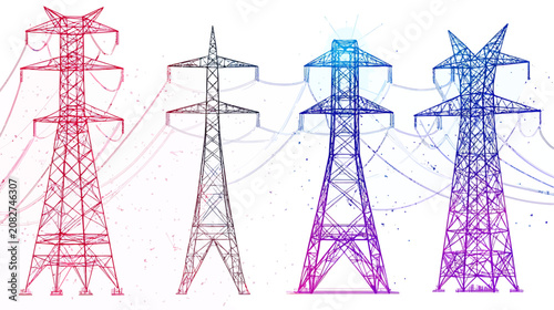 Four stylized electric pylons in a row, each a different color, standing against white backdrop