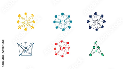Six abstract designs of interconnected nodes in various colors, on a white background