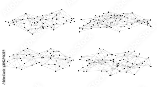 Four network diagrams with gray lines connecting black dots on a white background