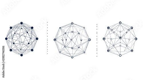 Three connected geometric shapes, each a network of lines and nodes, arranged on white background