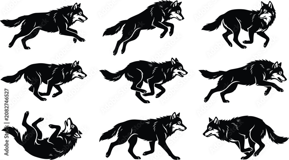 Fototapeta premium Running wolf silhouette collection, wild canine animal pose bundle, black wildlife vector illustration, isolated white background design