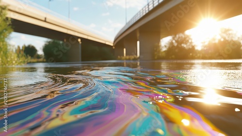 Iridescent oil slick shimmering on polluted water surface near a bridge under bright sunlight