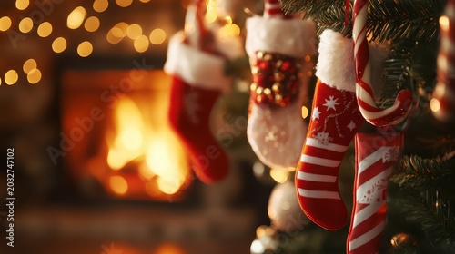 Festive Christmas stockings filled with treats hang by a warm, glowing fireplace, creating a cozy holiday scene.