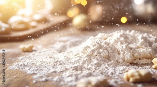 Flour scattered on a rustic wooden countertop with warm bokeh lights, capturing a cozy Christmas baking ambiance.