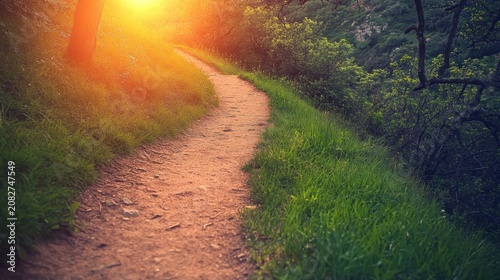 Inviting dirt path bathed in golden hour sunlight winding through lush green grassy hills beckoning exploration