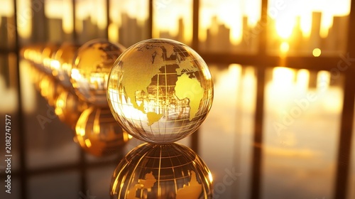 Golden globes representing global business and international finance with city reflections in soft sunlight