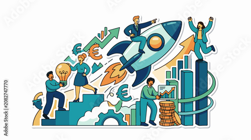 Business success with growth charts rocket and teamwork