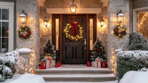 Festive Christmas Wreath and Trees Adorn a Rustic Front Door with Warm Outdoor Holiday Lighting