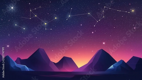 Majestic mountain landscape under a vast starry night sky filled with bright constellations.