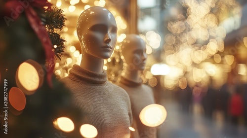 Festive Holiday Window Display with Mannequins and Twinkling Lights