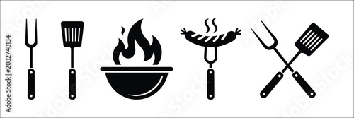 Obraz na plátně Barbecue tools silhouette icon set, black grill equipment symbols, BBQ cooking u