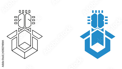 Brain and microchip processor integration icon representing artificial intelligence and smart technology in both outline and solid vector styles for innovation and machine learning conceptual graphics