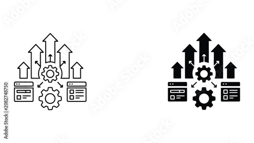 Workflow optimization and process automation icon set showing rising arrows and gears with web browser windows in black line and solid styles for business efficiency and software development