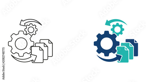 File processing and document management icon set with gears and arrows in outline and solid styles representing workflow automation and data conversion and corporate office software systems