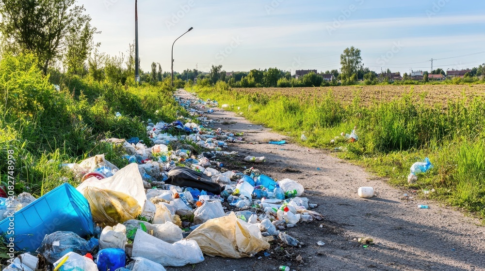 Obraz premium Rural roadside littered with overflowing trash and plastic waste under a clear sky, highlighting environmental pollution.