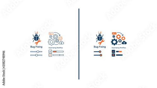 Software development and bug fixing workflow icons featuring a mechanical bug with wrench and gear automation symbols for technical troubleshooting and process optimization