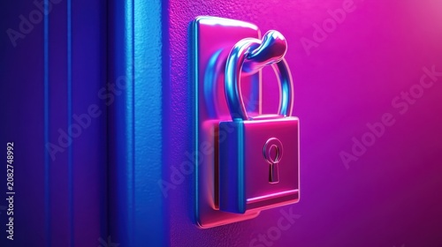 Secure metallic padlock with a vibrant gradient of pink and blue lighting, symbolizing digital protection and access control.