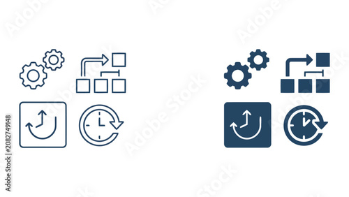 Workflow management and system maintenance icons featuring gears and process flow charts with history clock symbols in professional line and solid vector design styles for project management software