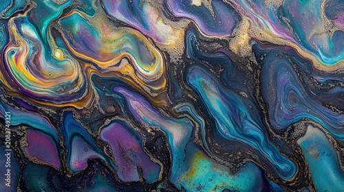Mesmerizing iridescent oil slick creating an abstract marbled fluid pattern with vibrant, swirling colors and metallic sheen