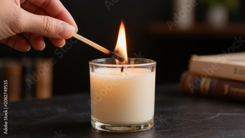 Candles, match, flame, hand, glass, wax