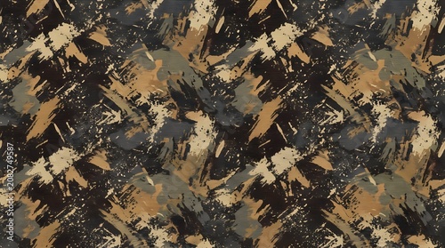 Abstract camouflage pattern featuring bold brown and dark gray brushstrokes