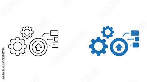 Process automation and data upload workflow icon vector illustration with mechanical gears and document node structure for business efficiency and system optimization concepts