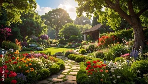 Lush vibrant garden pathway bathed in warm sunlight with blooming flowers