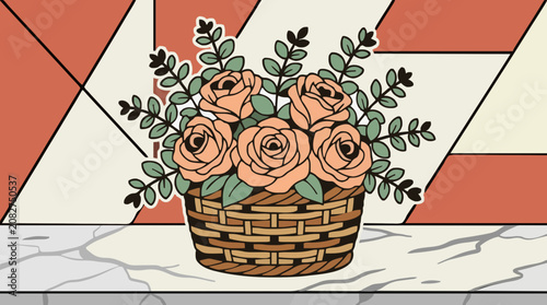 Peach roses and eucalyptus in a woven basket on marble