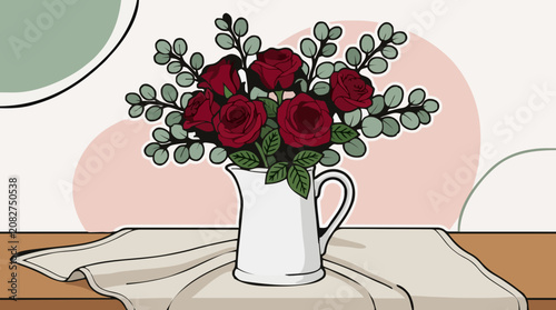 Red roses bouquet in white pitcher on table with cloth